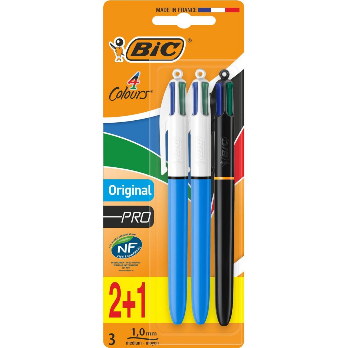 BIC Lot de 3 stylos bille 4 couleurs rétractables pointe moyenne ORIGINAL  PRO 2 bleus/1 noir pas cher 