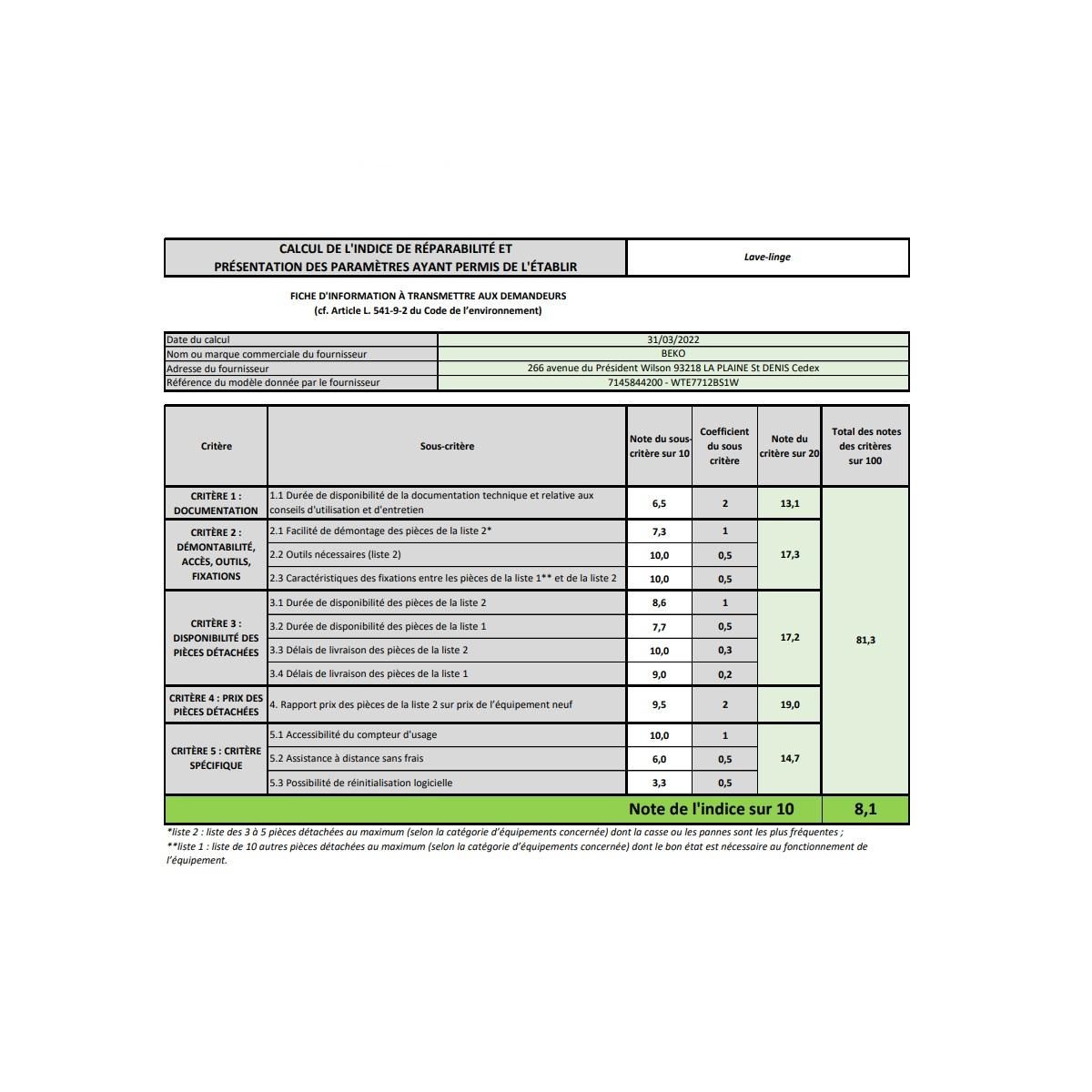Beko Lave-linge hublot 7 kg 1400 tours/min - WTE7712BS1W