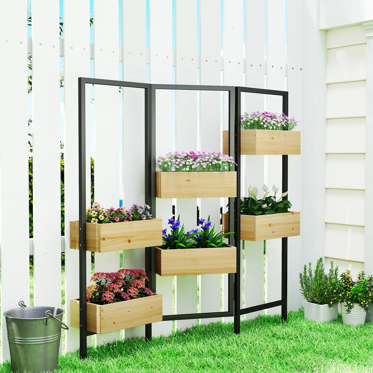 OUTSUNNY Séparateur de pièce intérieur extérieur 3 panneaux - 6 jardinières - acier noir bois