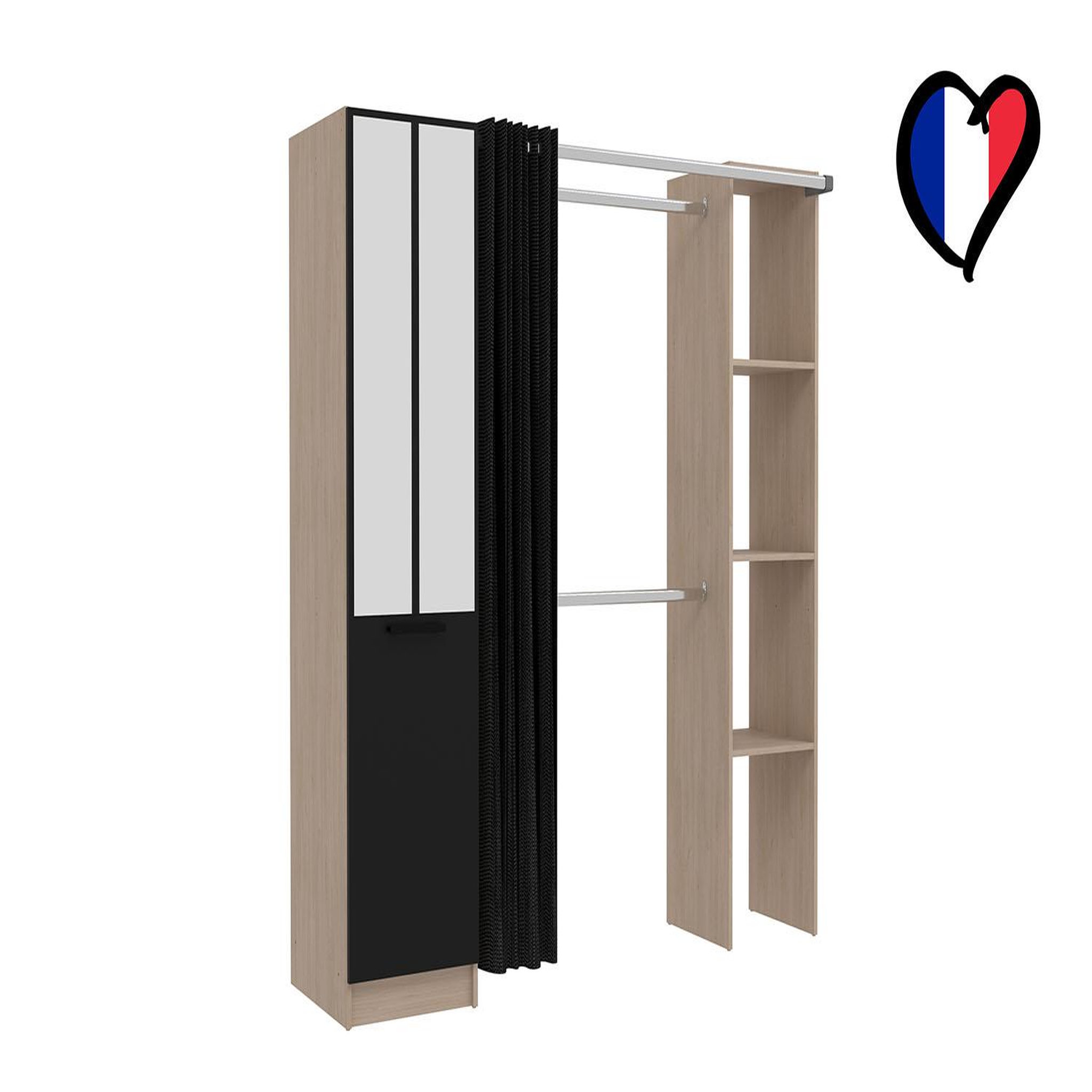 Voir la diapositive 3 : CONCEPT USINE Dressing industriel bois avec rideau noir et 2 penderies et 6 étagères NICE