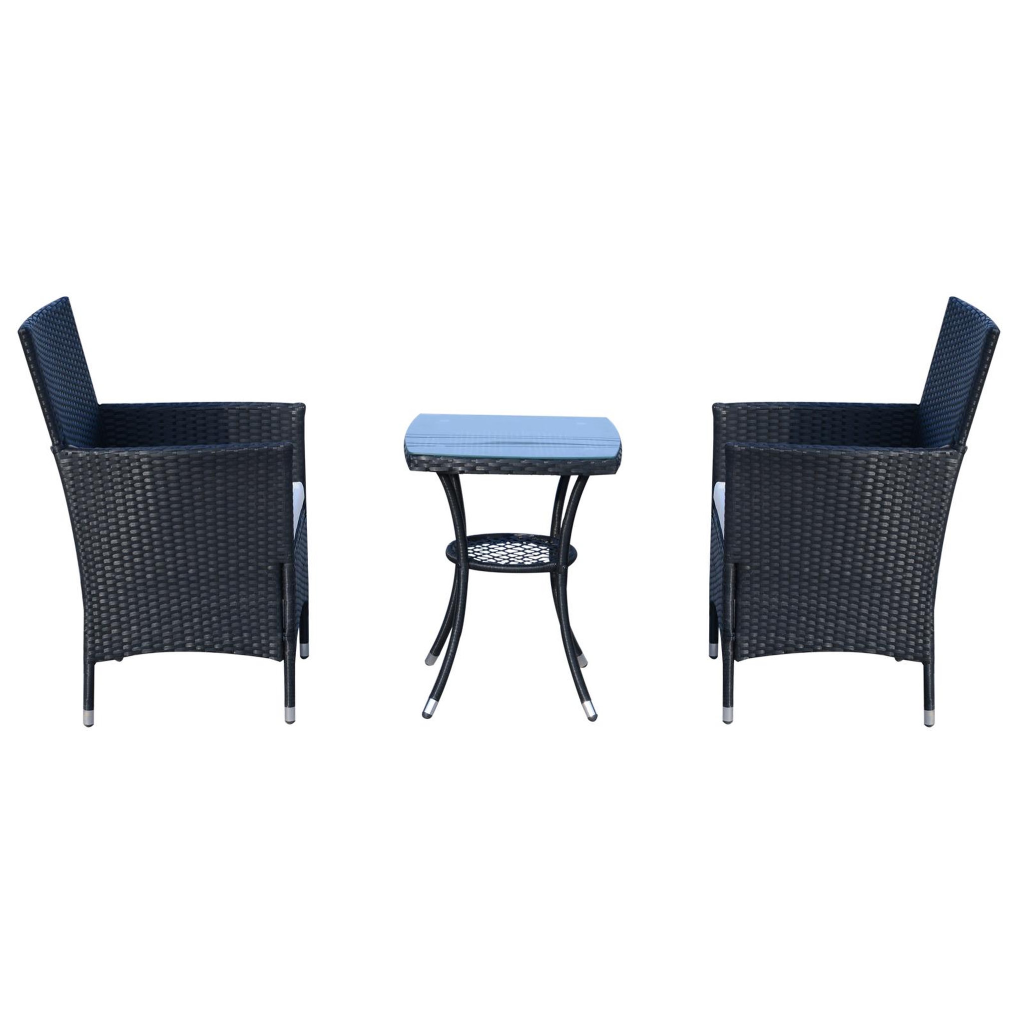 Voir la diapositive 5 : OUTSUNNY Ensemble salon de jardin 2 places : 2 fauteuils et table basse plateau verre trempé résine tressée 4 fils imitation rotin avec coussins noir
