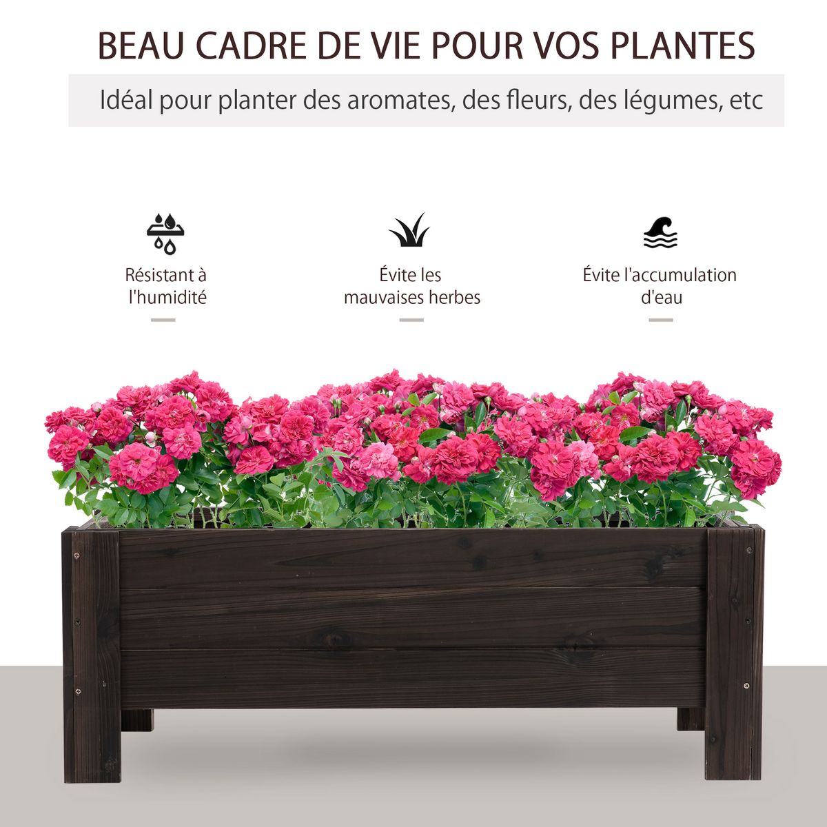 OUTSUNNY Jardinière sur pieds bac à fleurs dim. 100L x 36l x 36H cm inserts d'irrigation inclus bois massif sapin traité
