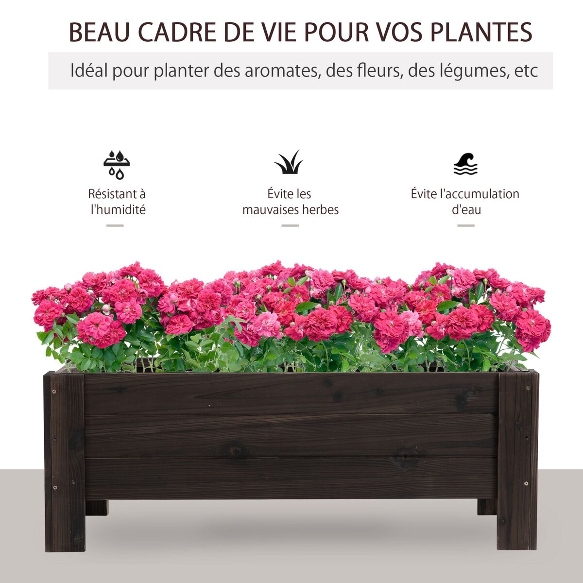 OUTSUNNY Jardinière sur pieds bac à fleurs dim. 100L x 36l x 36H cm inserts d'irrigation inclus bois massif sapin traité