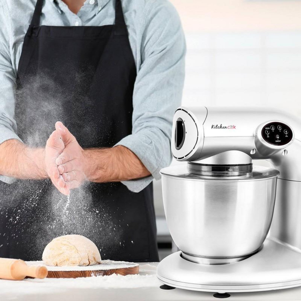 KITCHENCOOK Kitchencook - Robot Pétrin 5l - 1000w - 4 Vitesses - 3 Fonctions - Fouet - Mélangeur - Crochet - Couvercle Antiprojections