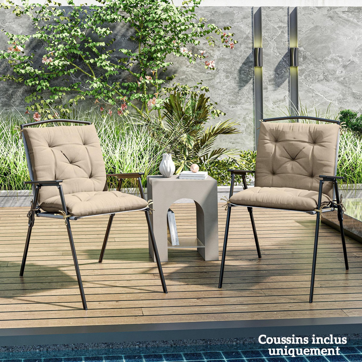 OUTSUNNY Lot de 2 coussins matelas assise dossier 2 en 1 pour chaise fauteuil grand confort 98L x 50l x 8H cm beige