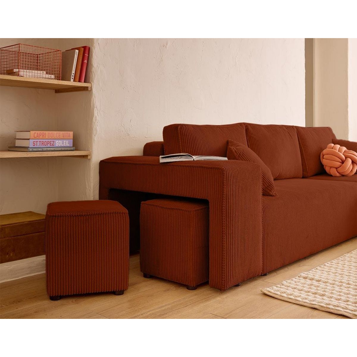 BEST MOBILIER Topaze - canapé d'angle réversible 4 places - convertible avec coffre, tablette et poufs - en velours côtelé