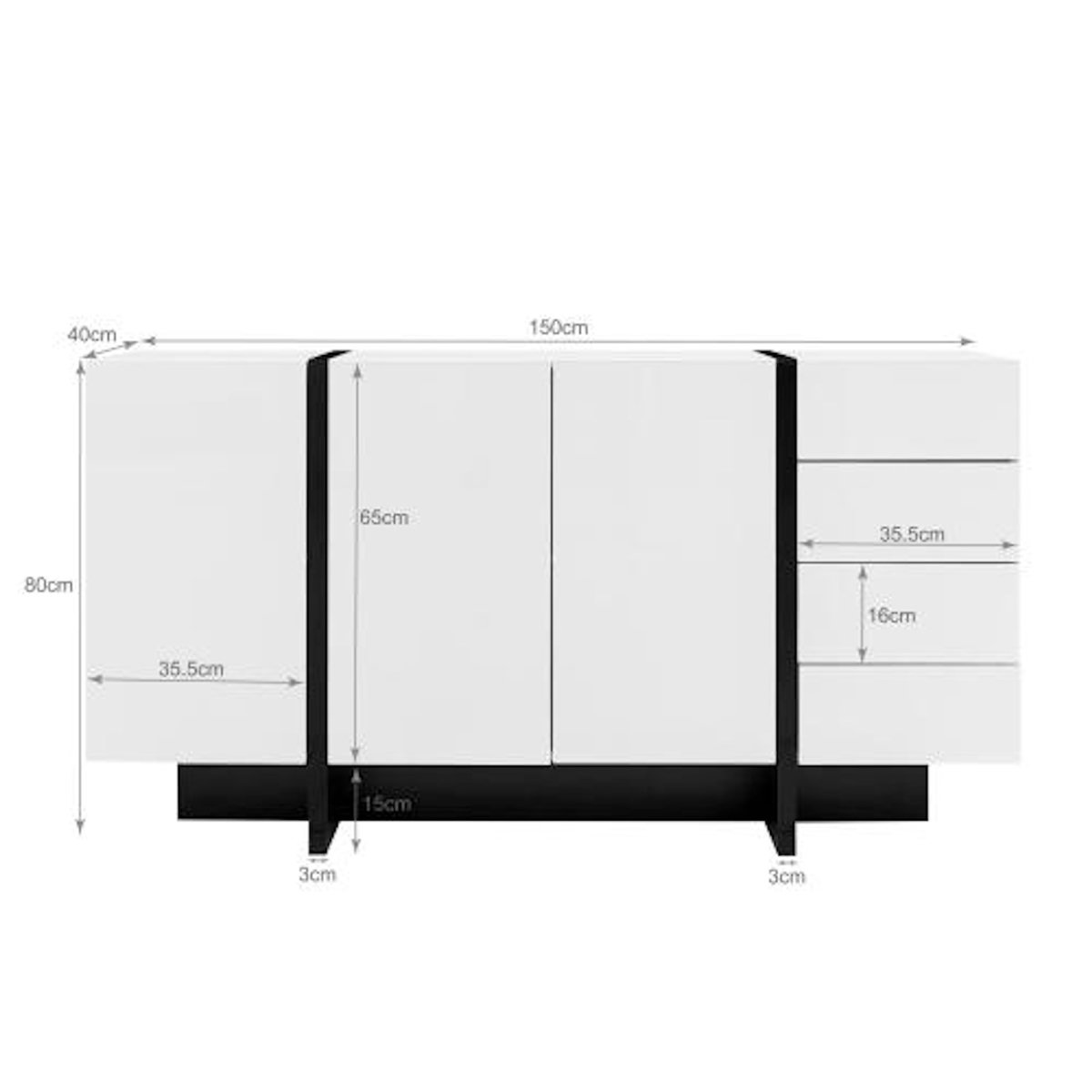 MERAX Buffet 3 porte(s) 4 tiroir(s) - 150 cm blanc+noir mdf