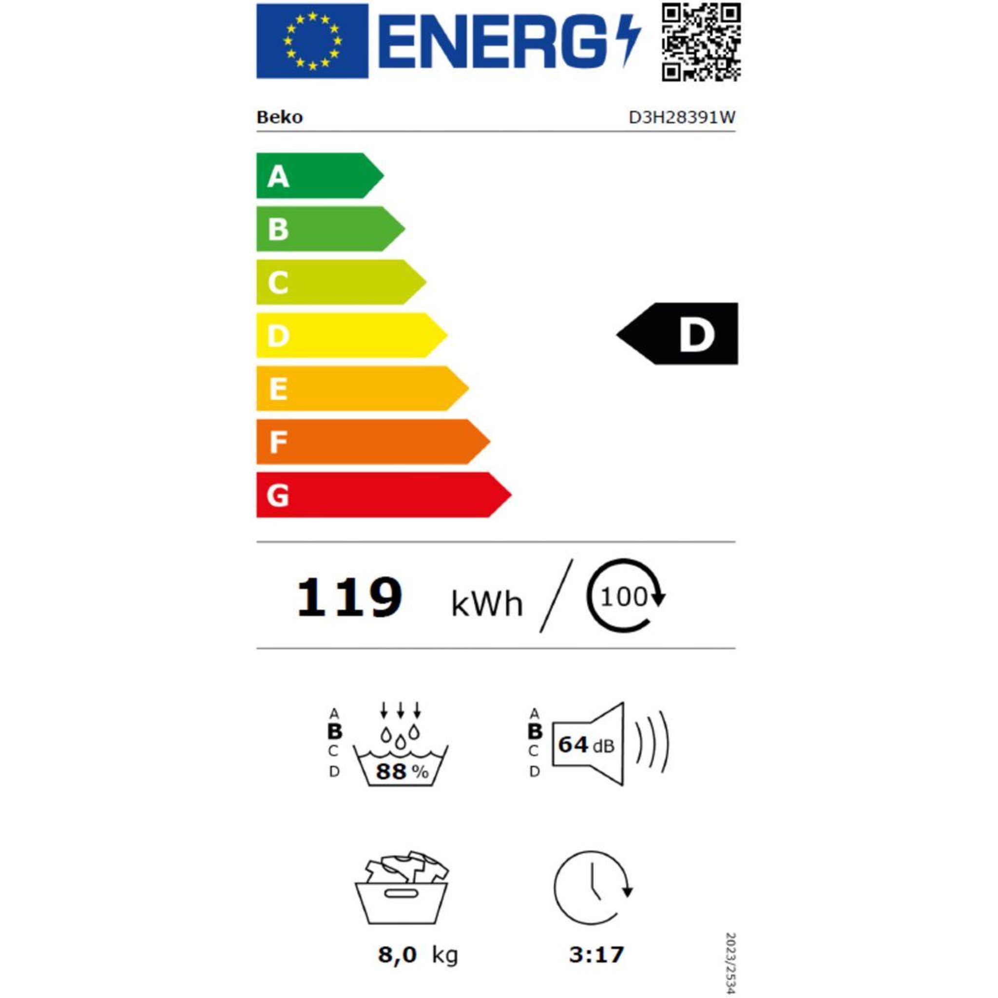 Voir la diapositive 6 : Beko Sèche linge pompe à chaleur D3H28391W - 8kg - Soin quotidien & Anti-froissage vapeur