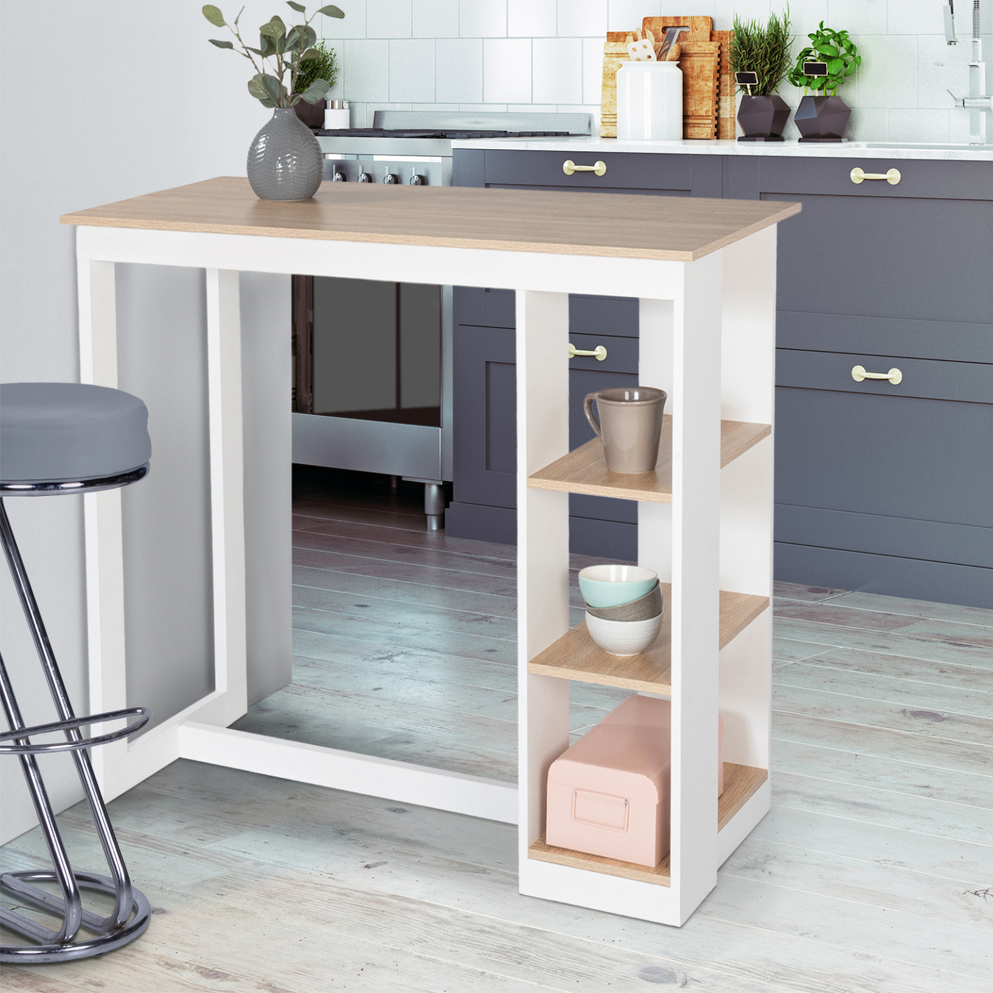 Voir la diapositive 2 : ID MARKET Table de bar barth 2 à 4 personnes ajourée bois blanc et plateau façon hêtre