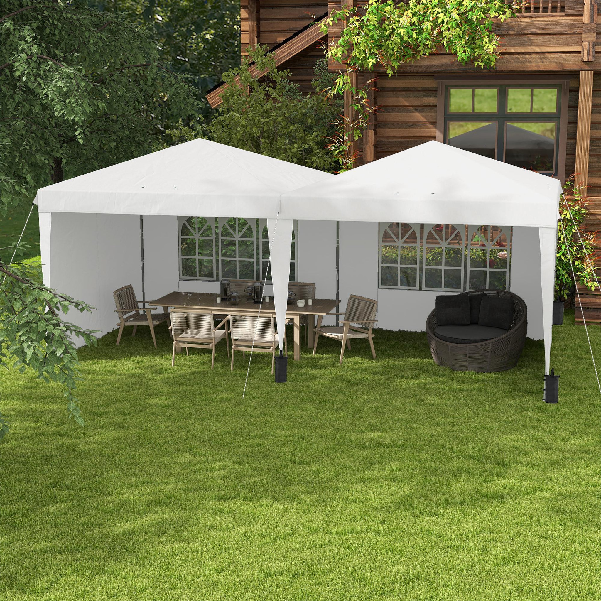 Voir la diapositive 2 : OUTSUNNY Tonnelle barnum pliant pop-up - 4 pans latéraux amovibles, 6 fenêtres, sac transport, 5 sacs lestage - acier Oxford blanc