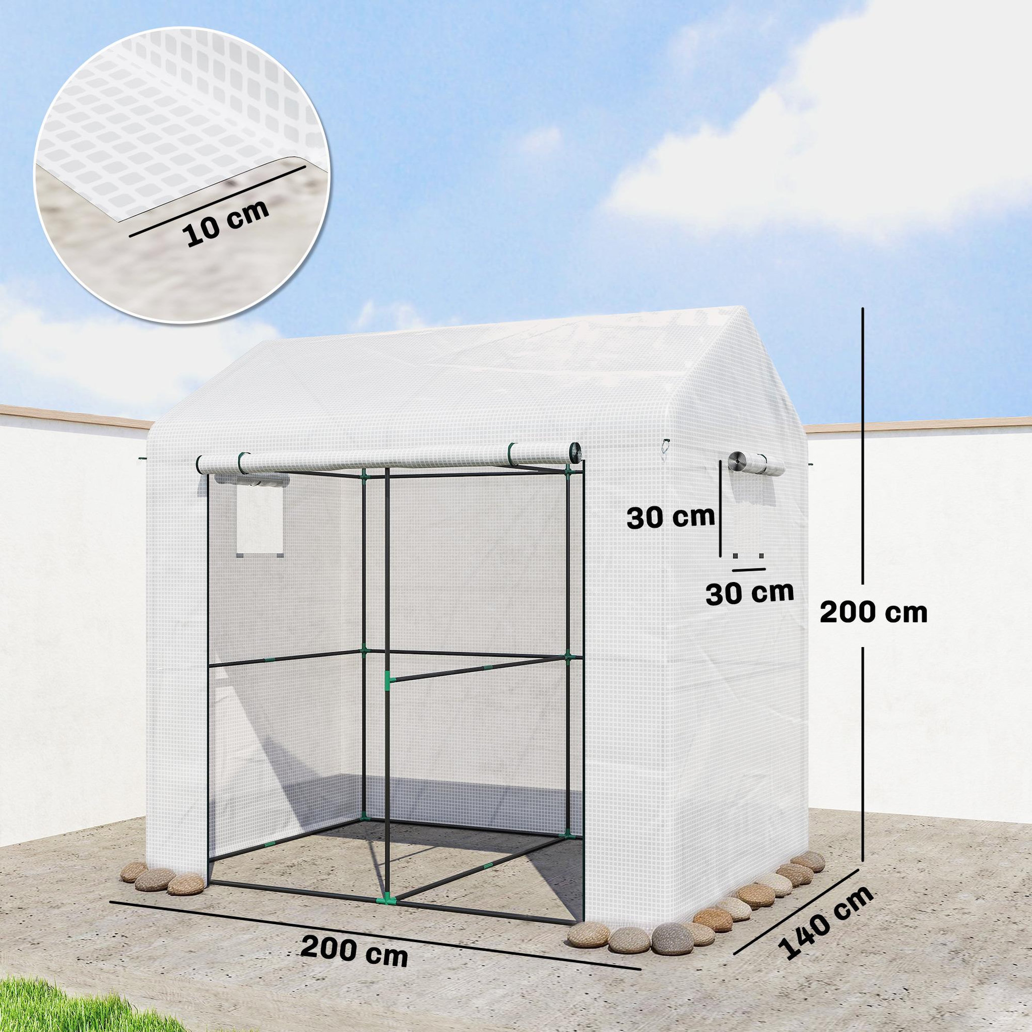 Voir la diapositive 3 : OUTSUNNY Serre de jardin 2,8 m² porte zippée 2 fenêtres acier pe blanc