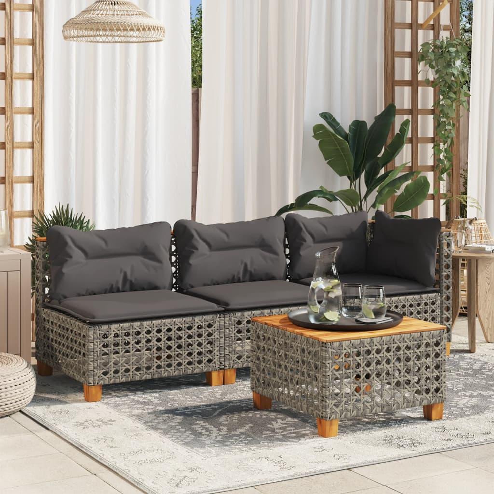 VIDAXL Canape de jardin avec coussins 3 places gris resine tressee