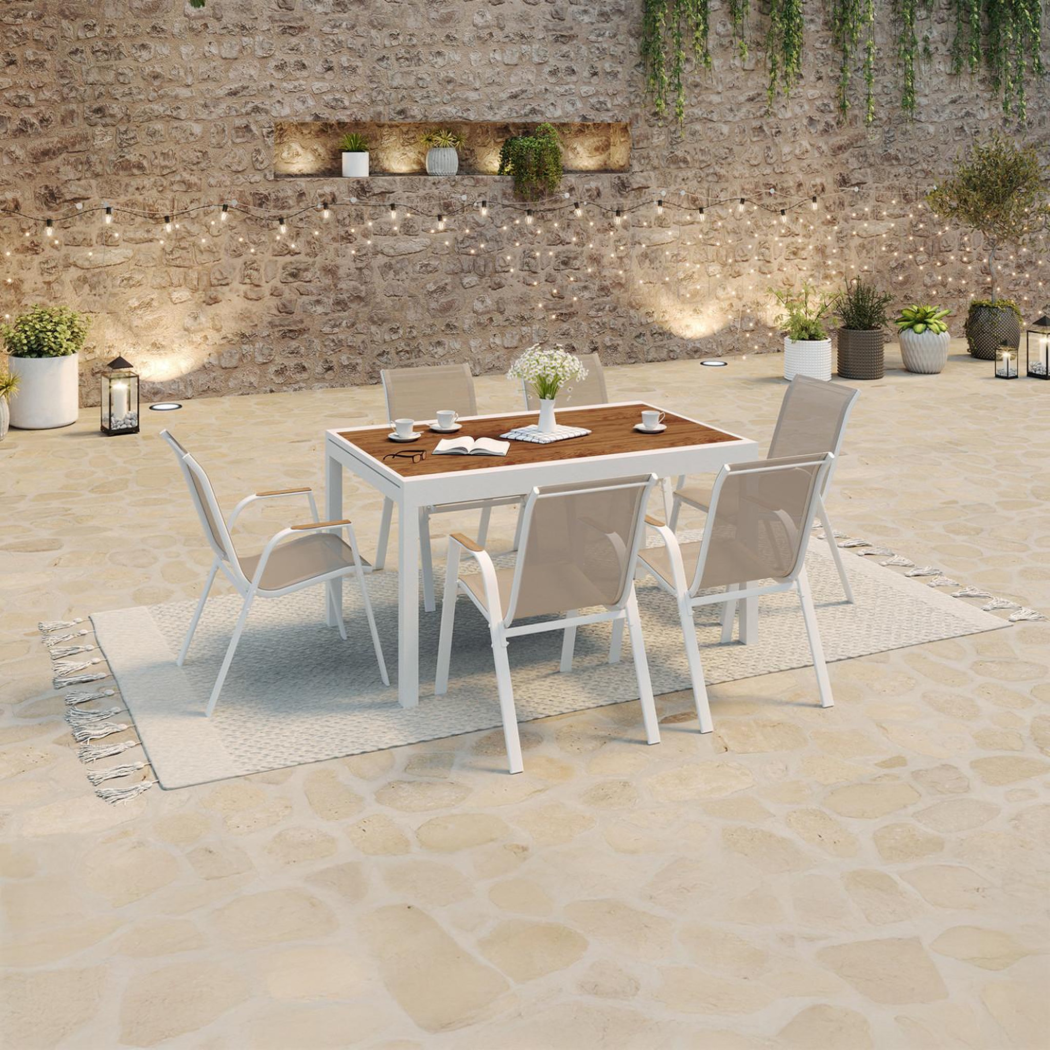 Voir la diapositive 4 : ID MARKET Salon de jardin noumea table extensible 135/270 cm plateau verre trempé effet bois et 12 chaises empilables blanc et bois
