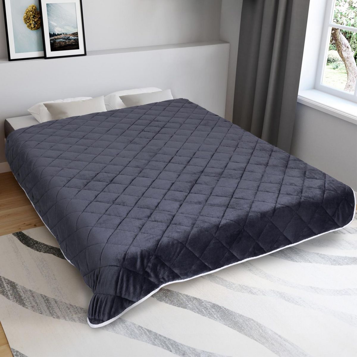 ID MARKET Couverture lestée 150x200 CM CELESTE biface polaire gris et blanc 7 kg