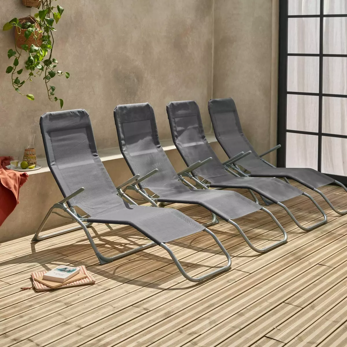  Lot de 4 bains de soleil pliants - Levito - Transats textilène 2 positions, chaises longues