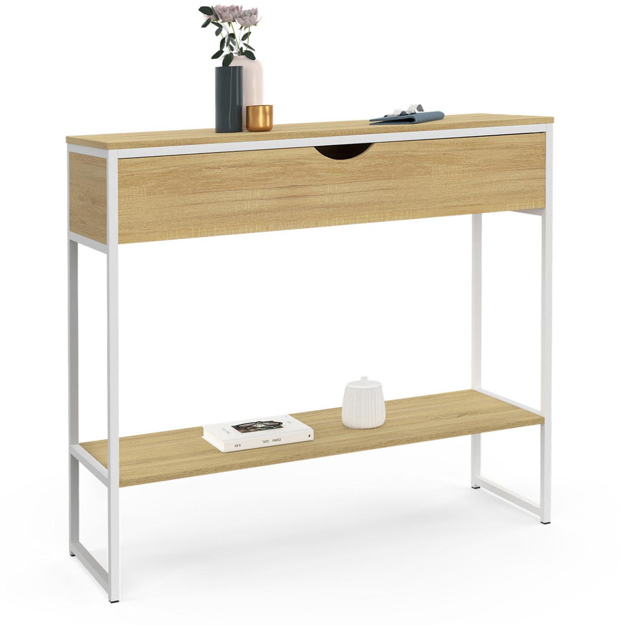 ID MARKET Console 1 tiroir detroit 1 étagère design industriel bois et métal blanc