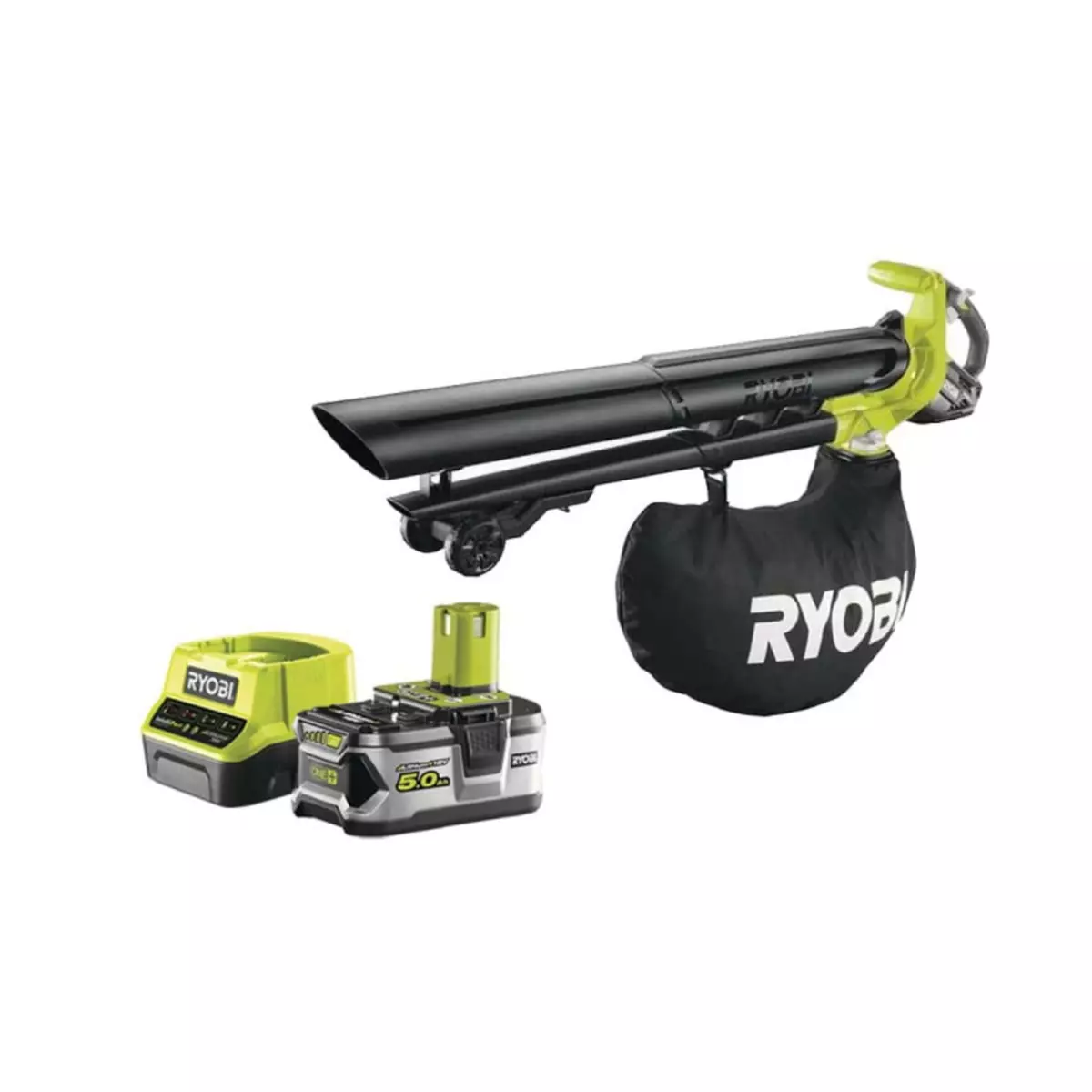 Ryobi Pack RYOBI Souffleur aspiro-broyeur 18V One+ Brushless OBV18 - 1 batterie 5.0Ah - 1 chargeur rapide