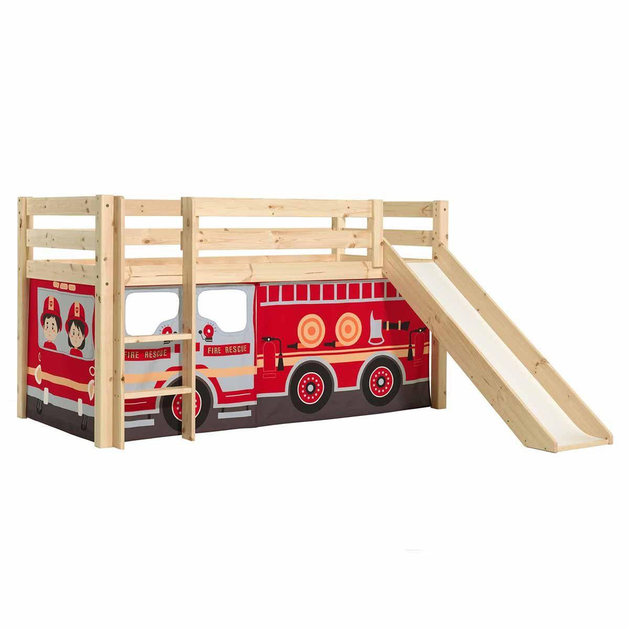 Paris Prix Lit enfant surélevé avec toboggan  pino fire truck  90x200cm naturel