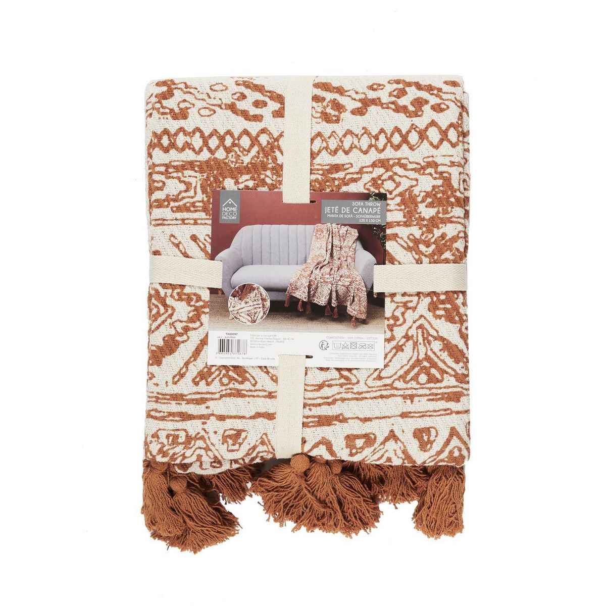 TOILINUX Plaid en coton à Pompons - 120 x 150 cm - Imprimés Ocre et Beige