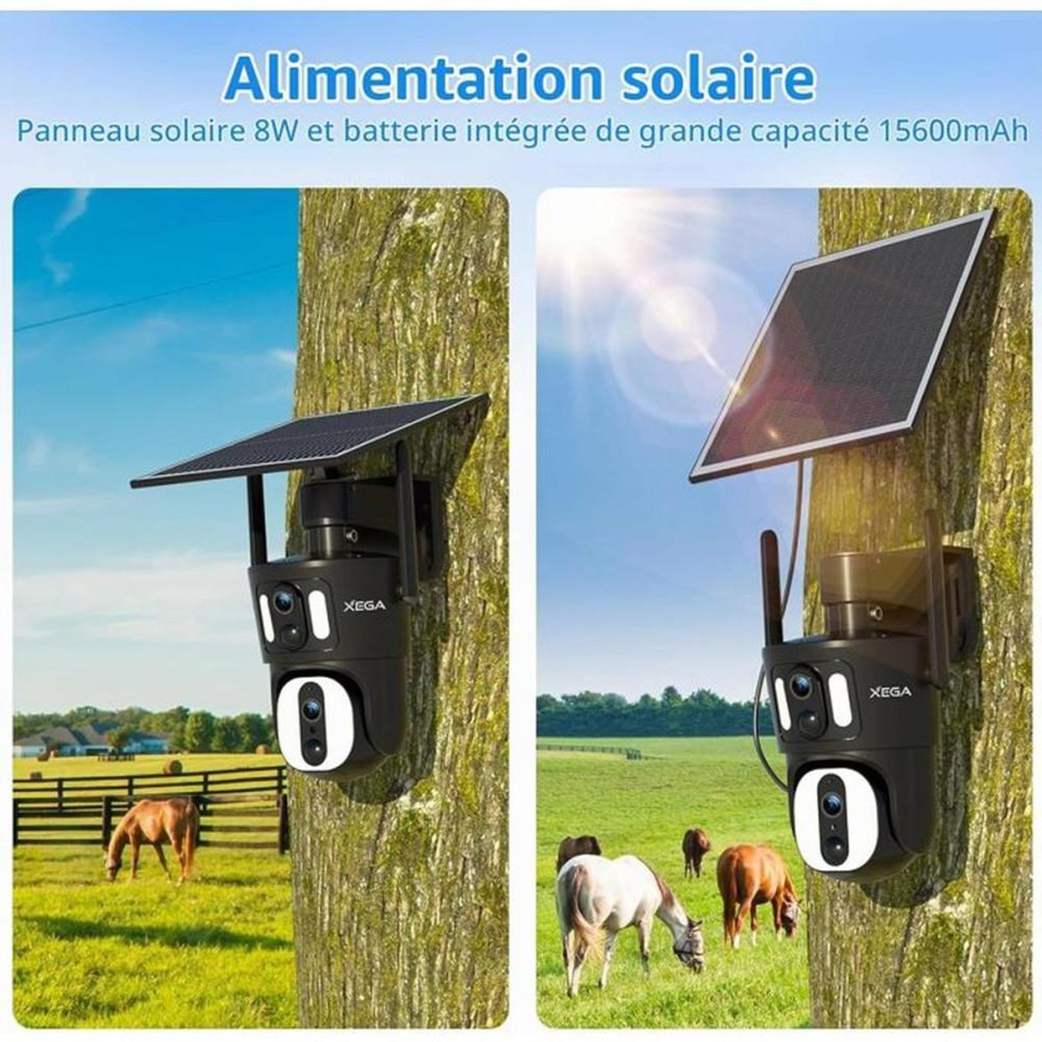 Voir la diapositive 3 : Caméra de surveillance extérieure 4G LTE solaire PTZ double objectif noire XEGA