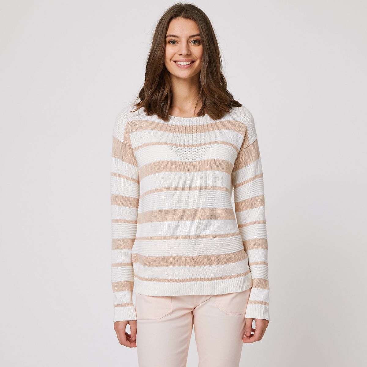 IN EXTENSO Pull manches longues col bateau à rayures ecru femme