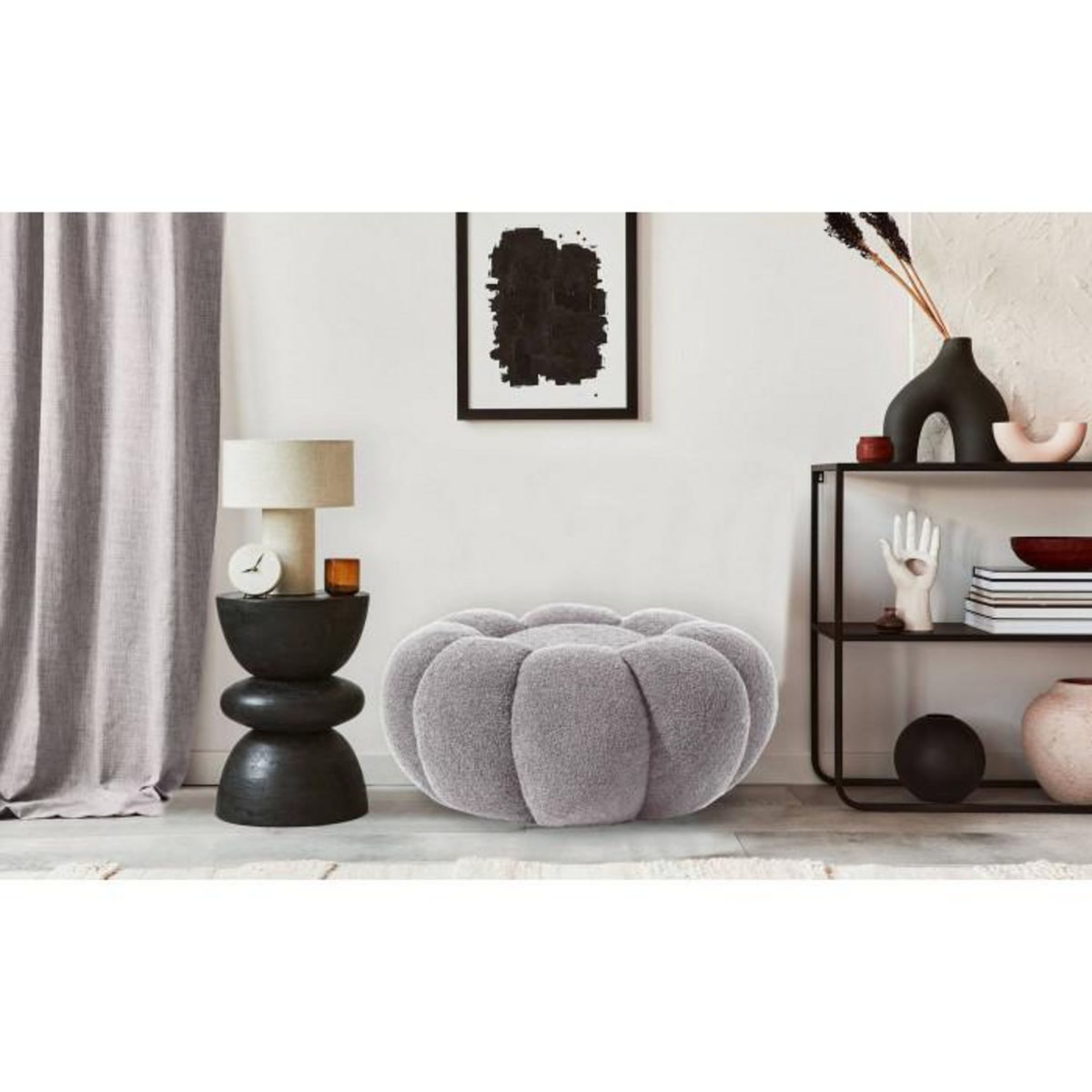 Paris Prix Pouf Design Fleur  Bouclette  61cm Gris