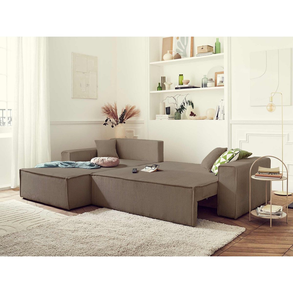 BEST MOBILIER Dellia - canapé d'angle réversible convertible - avec coffre - en velours côtelé - 4 places