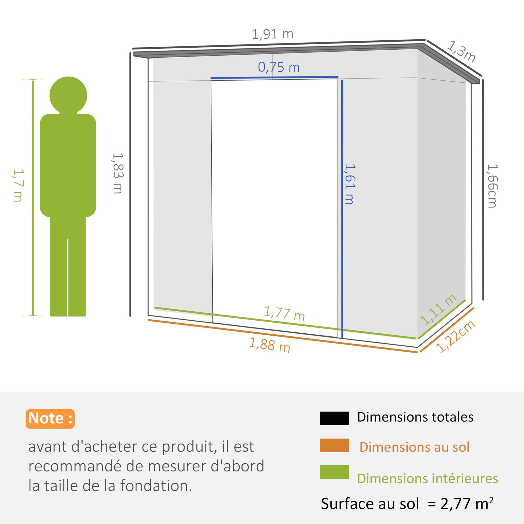 Voir la diapositive 3 : OUTSUNNY Abri de jardin cabanon dim. 191L x 130l x 166H cm porte verrouillable ventilations tôle acier ondulé gris