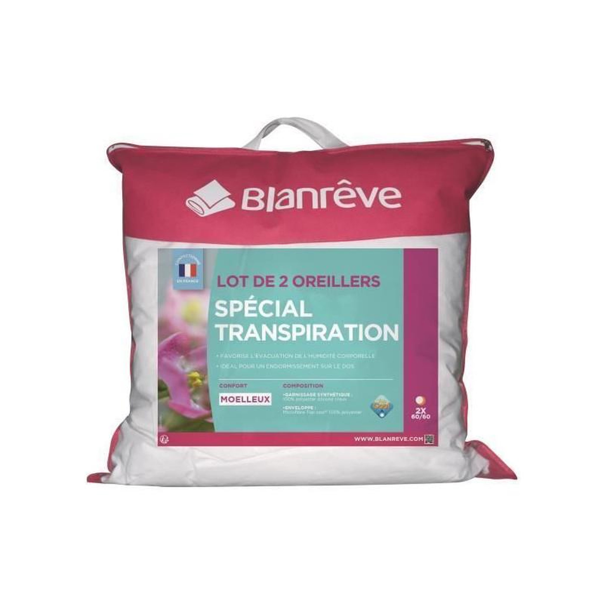 Voir la diapositive 2 : BLANREVE BLANREVE Lot de 2 Oreillers Special Transpiration - 60 x 60 cm - Blanc