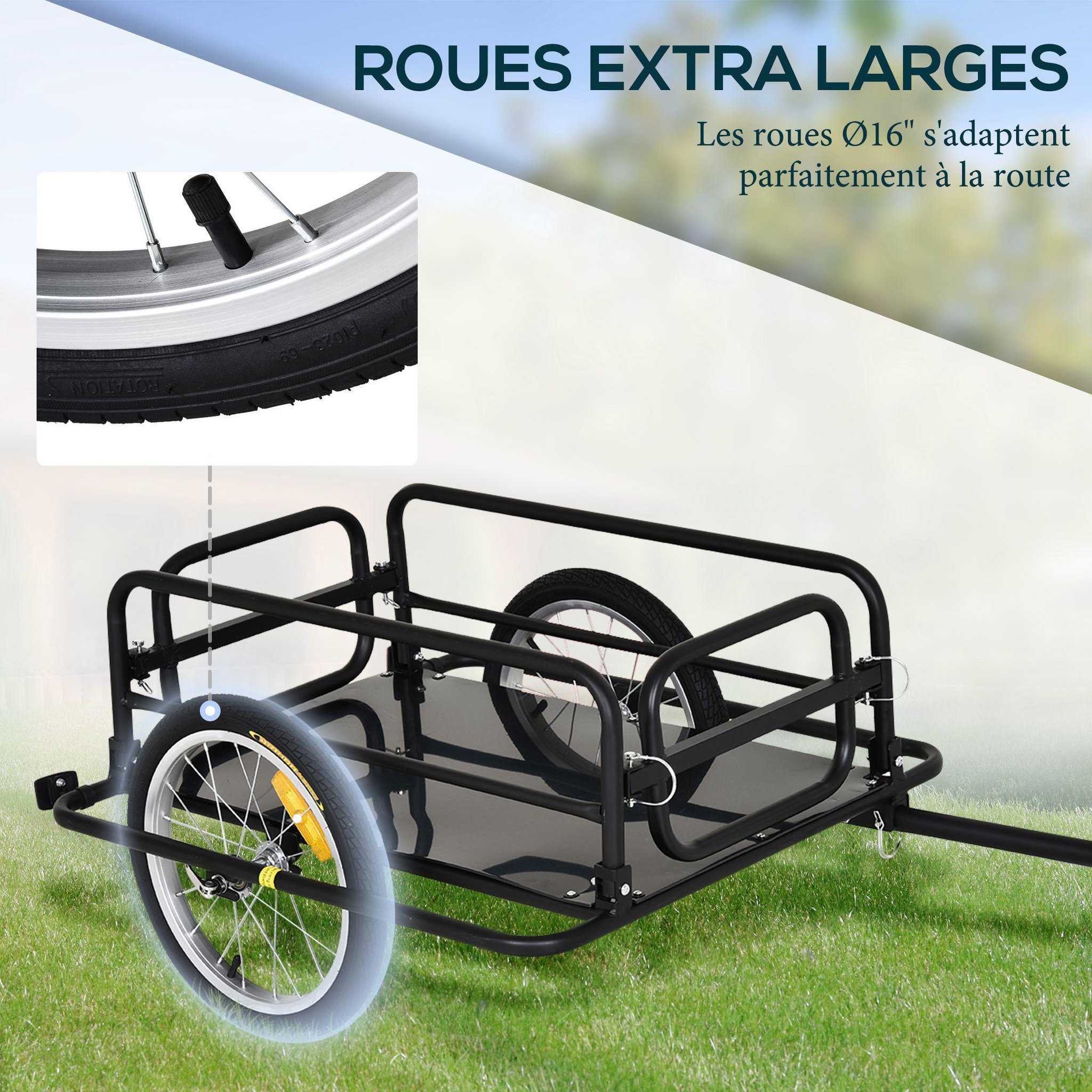 Voir la diapositive 6 : HOMCOM Remorque vélo remorque de transport pour vélo pliable 70l 139l x 71,5l x 49h cm barre d'attelage universelle acier noir