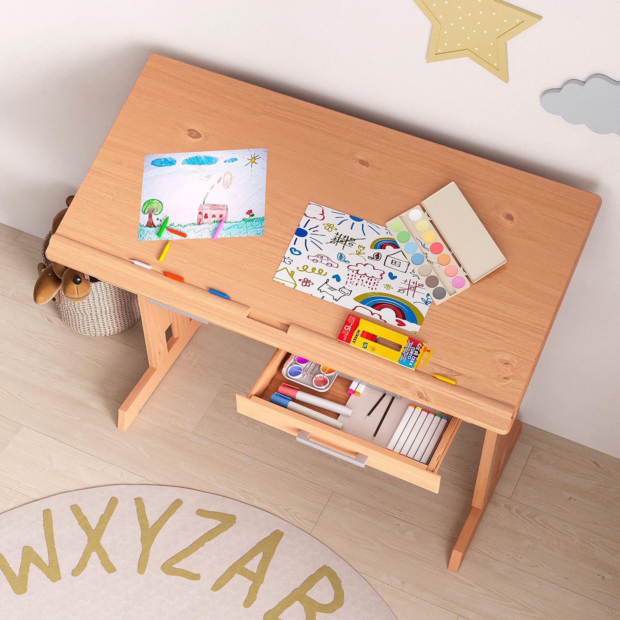 Voir la diapositive 4 : IDIMEX Bureau enfant OLIVIA, en pin massif, réglable en hauteur et plateau inclinable