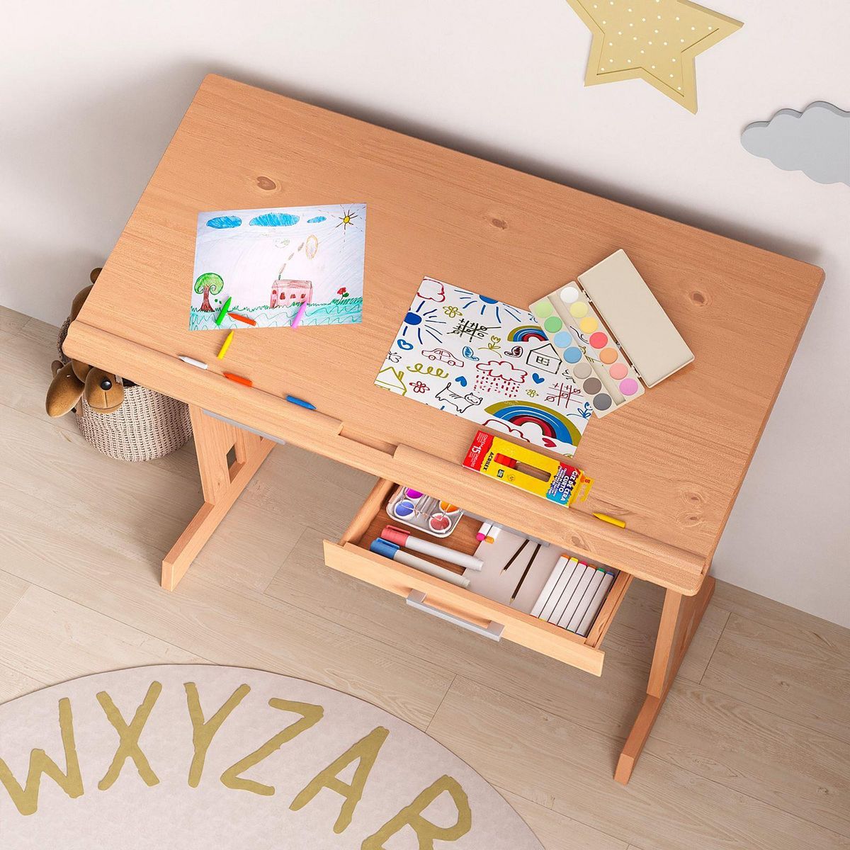 IDIMEX Bureau enfant OLIVIA, en pin massif, réglable en hauteur et plateau inclinable