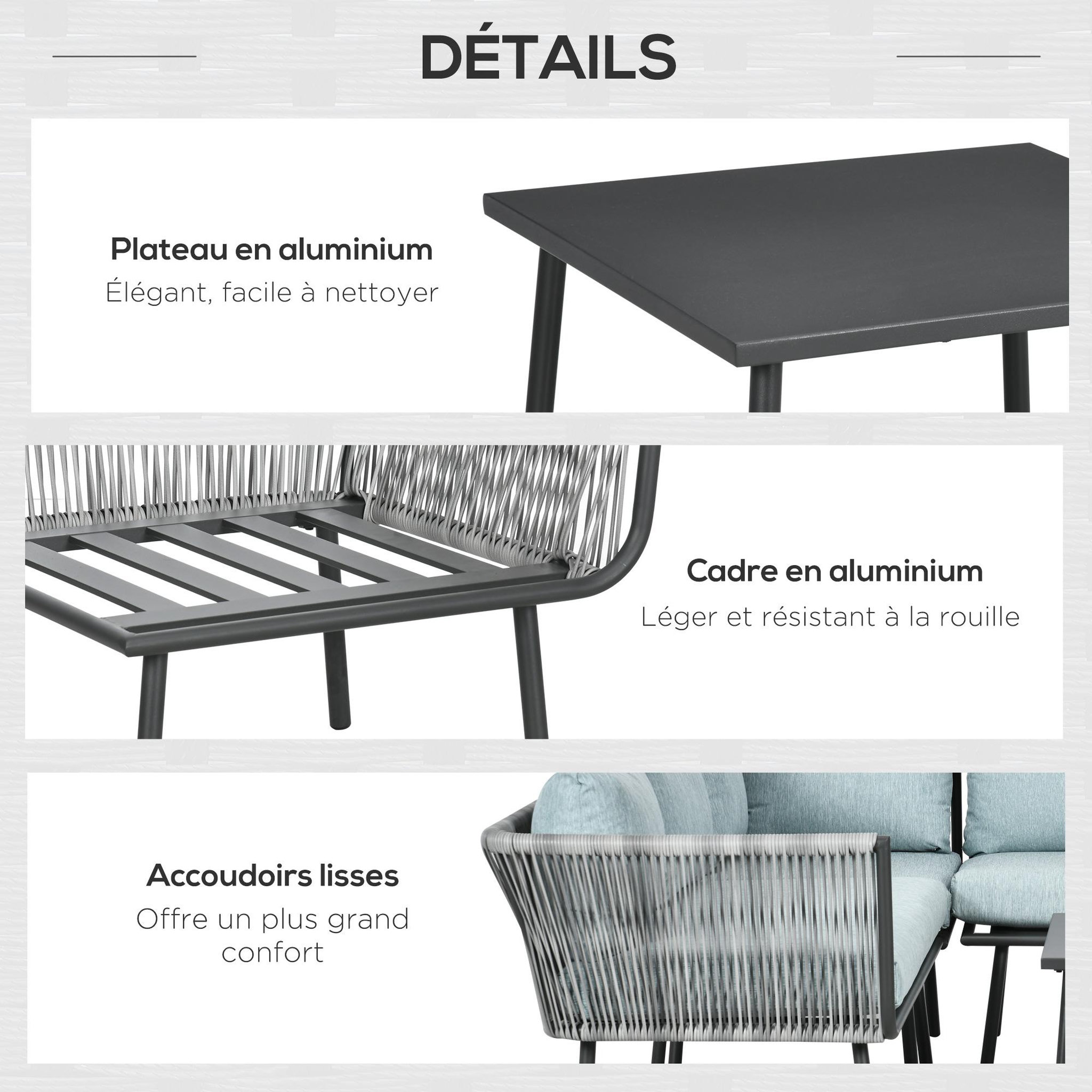 Voir la diapositive 6 : OUTSUNNY Salon de jardin d'angle 5 places 4 pièces coussins inclus alu. Résine tressée gris