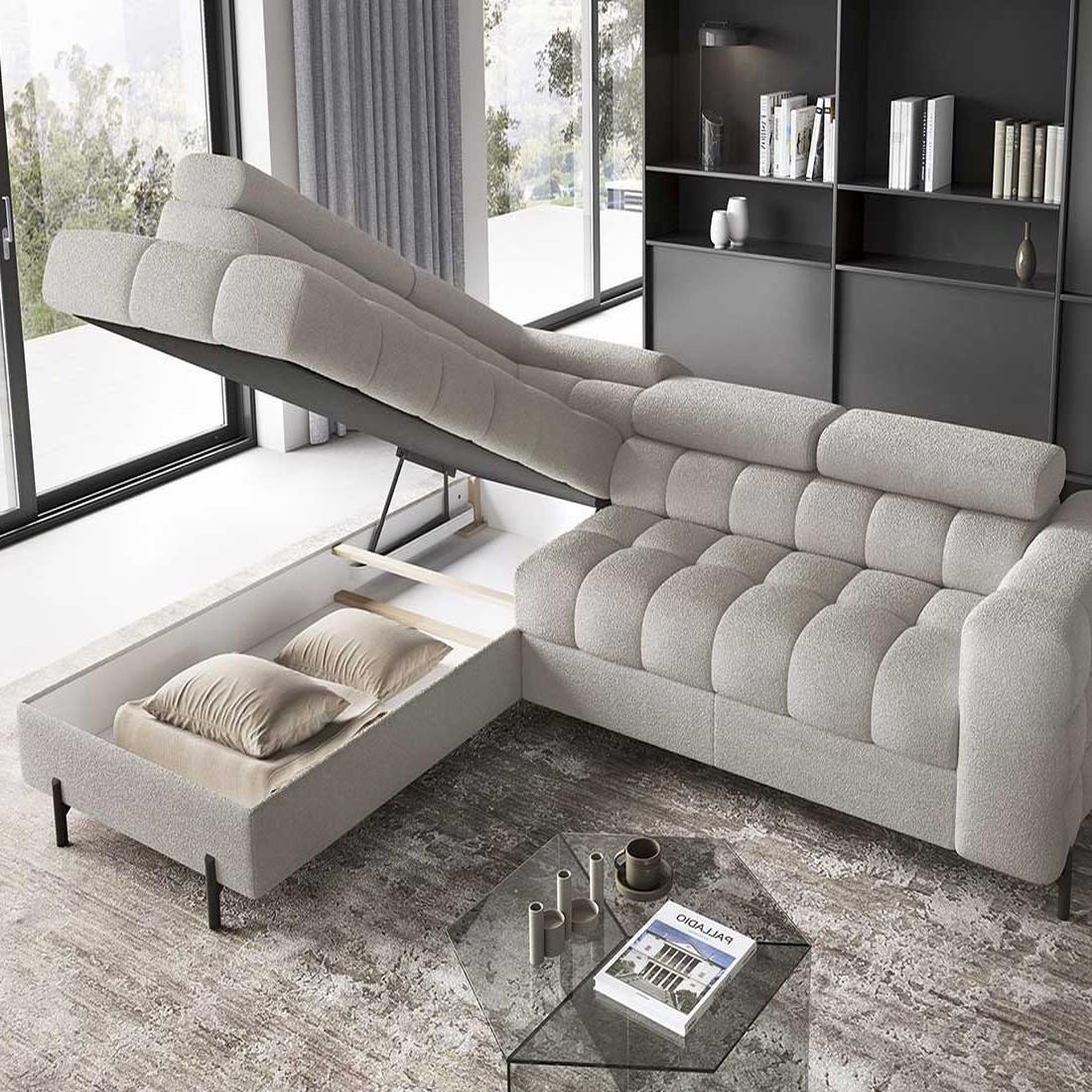 Voir la diapositive 3 : BEST MOBILIER Elisa - canapé d'angle gauche 5 places convertible avec coffre et têtières réglables en tissu bouclette
