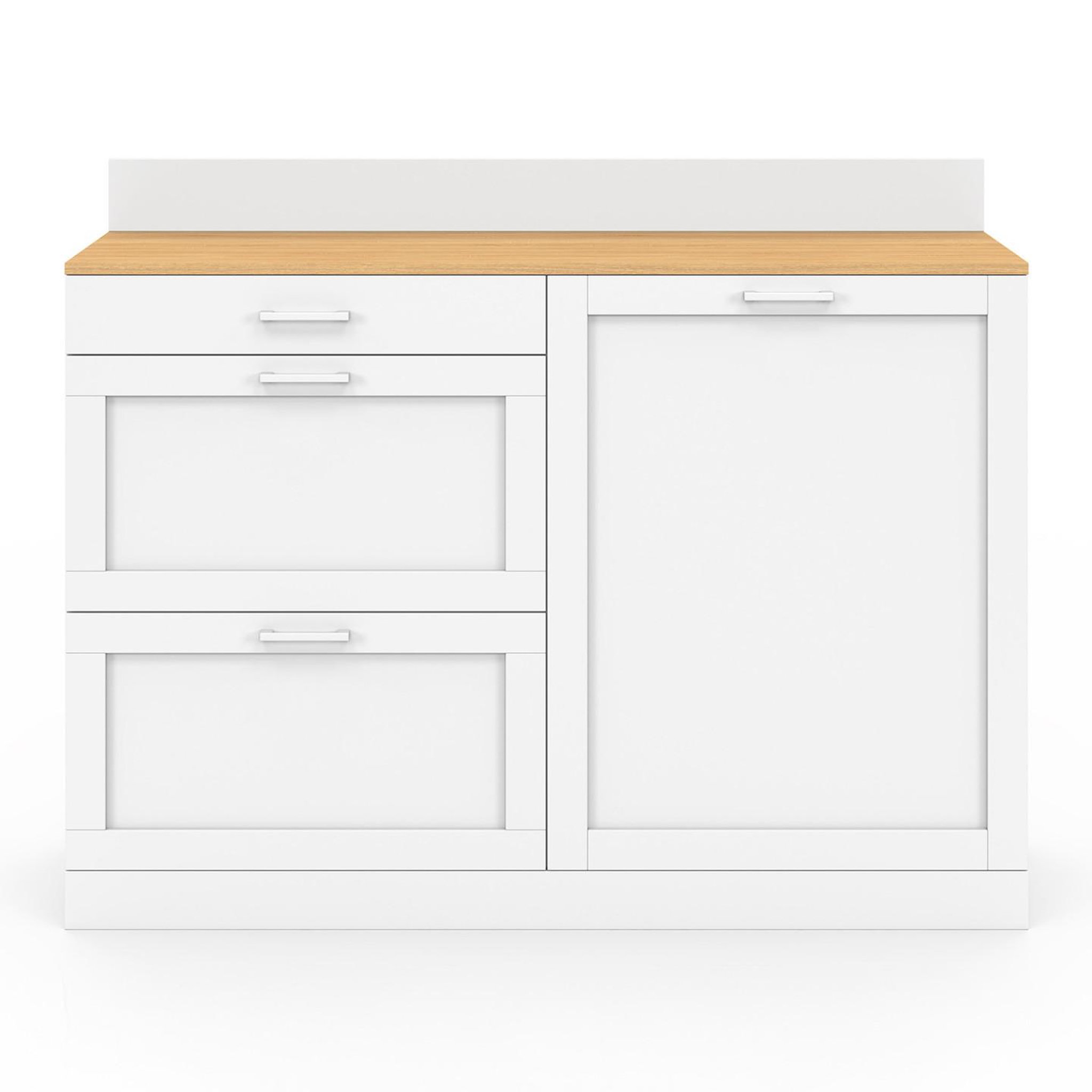Voir la diapositive 3 : ID MARKET Buffet bas de cuisine 120 cm casserolier vito plan de travail h.83 cm 1 porte + 3 tiroirs blanc et plateau façon hêtre