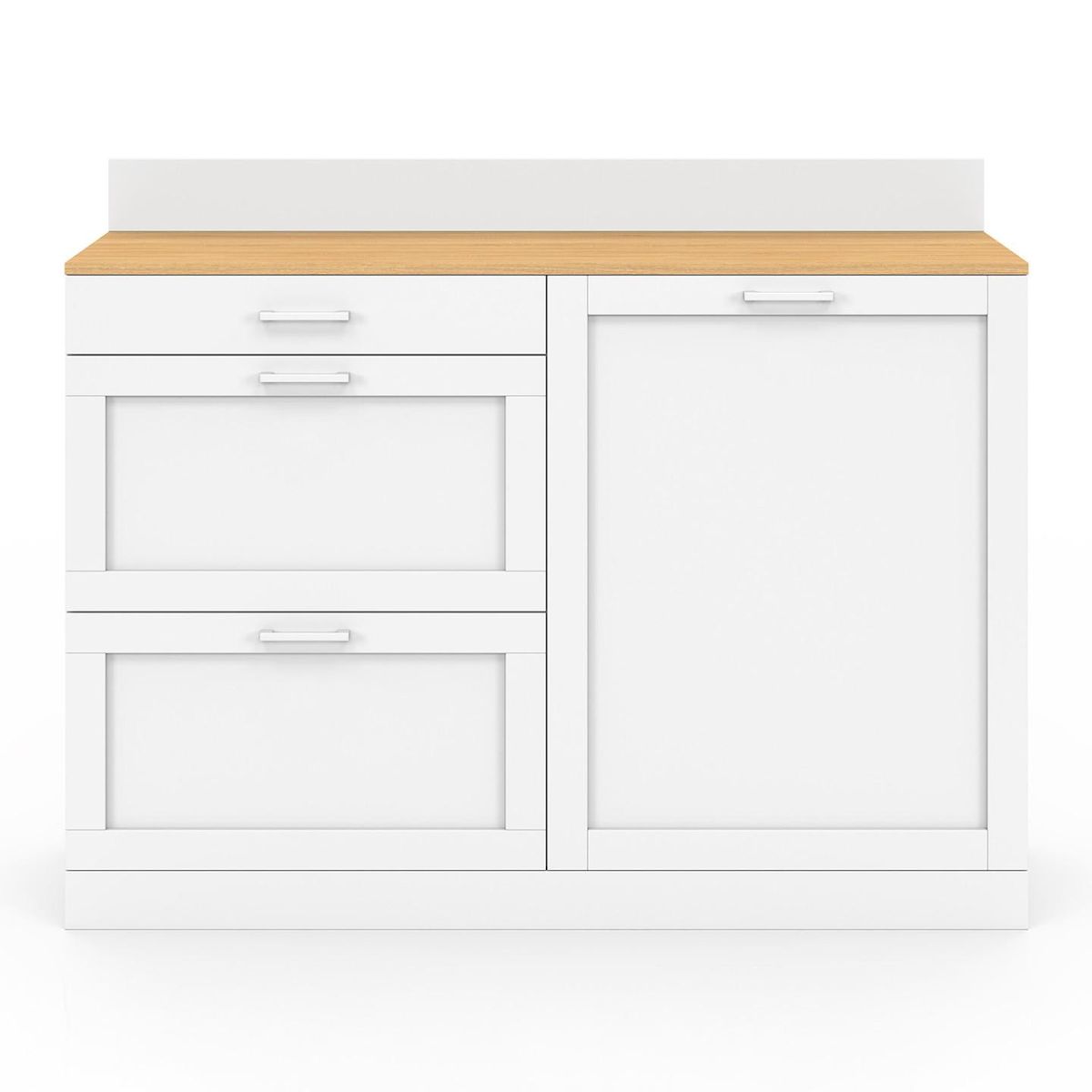 ID MARKET Buffet bas de cuisine 120 cm casserolier VITO plan de travail H.83 cm 1 porte + 3 tiroirs blanc et plateau façon hêtre