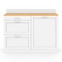 Voir la diapositive 3 : ID MARKET Buffet bas de cuisine 120 cm casserolier VITO plan de travail H.83 cm 1 porte + 3 tiroirs blanc et plateau façon hêtre