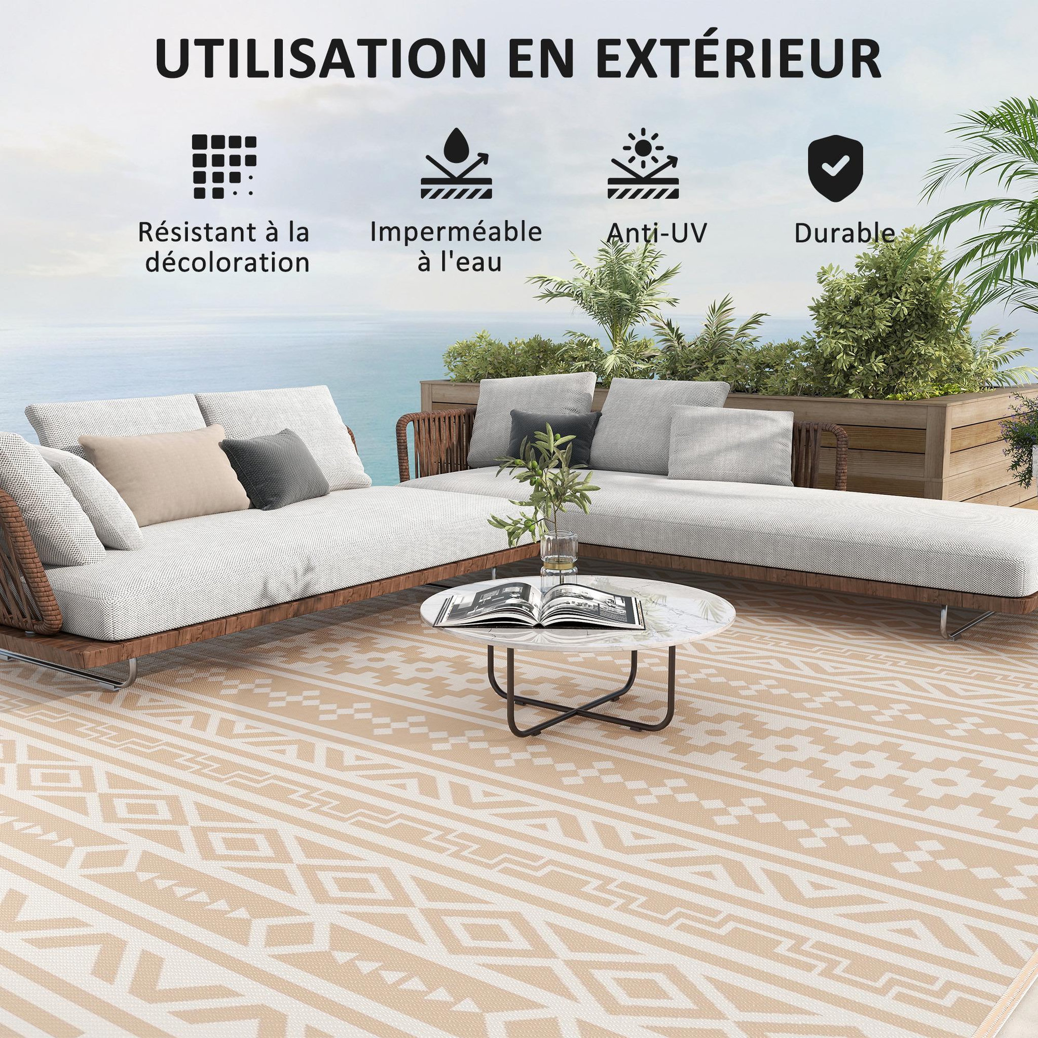 Voir la diapositive 6 : OUTSUNNY Tapis d'extérieur réversible motif graphique dim. 3,7 x 2,7 m sac transport inclus kaki beige