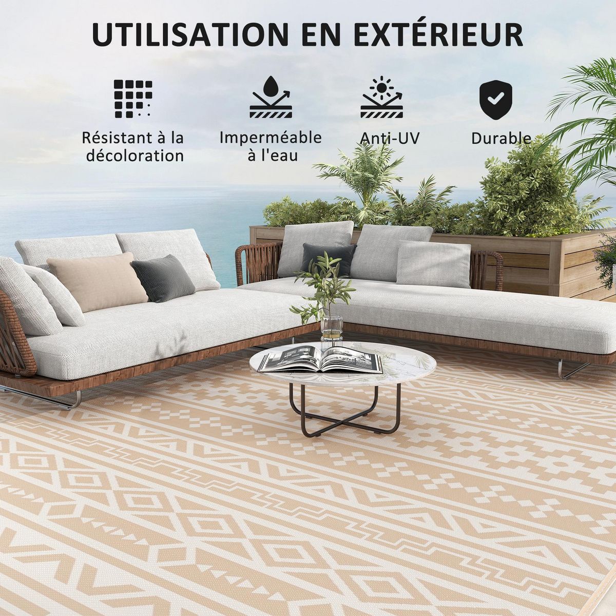 OUTSUNNY Tapis d'extérieur réversible motif graphique dim. 3,7 x 2,7 m sac transport inclus kaki beige