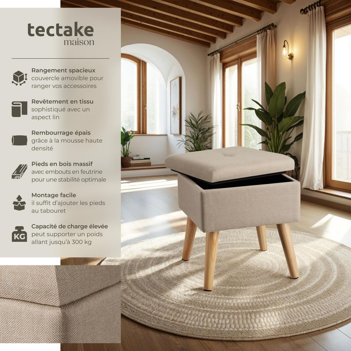 tectake Pouf avec espace de rangement carré sable