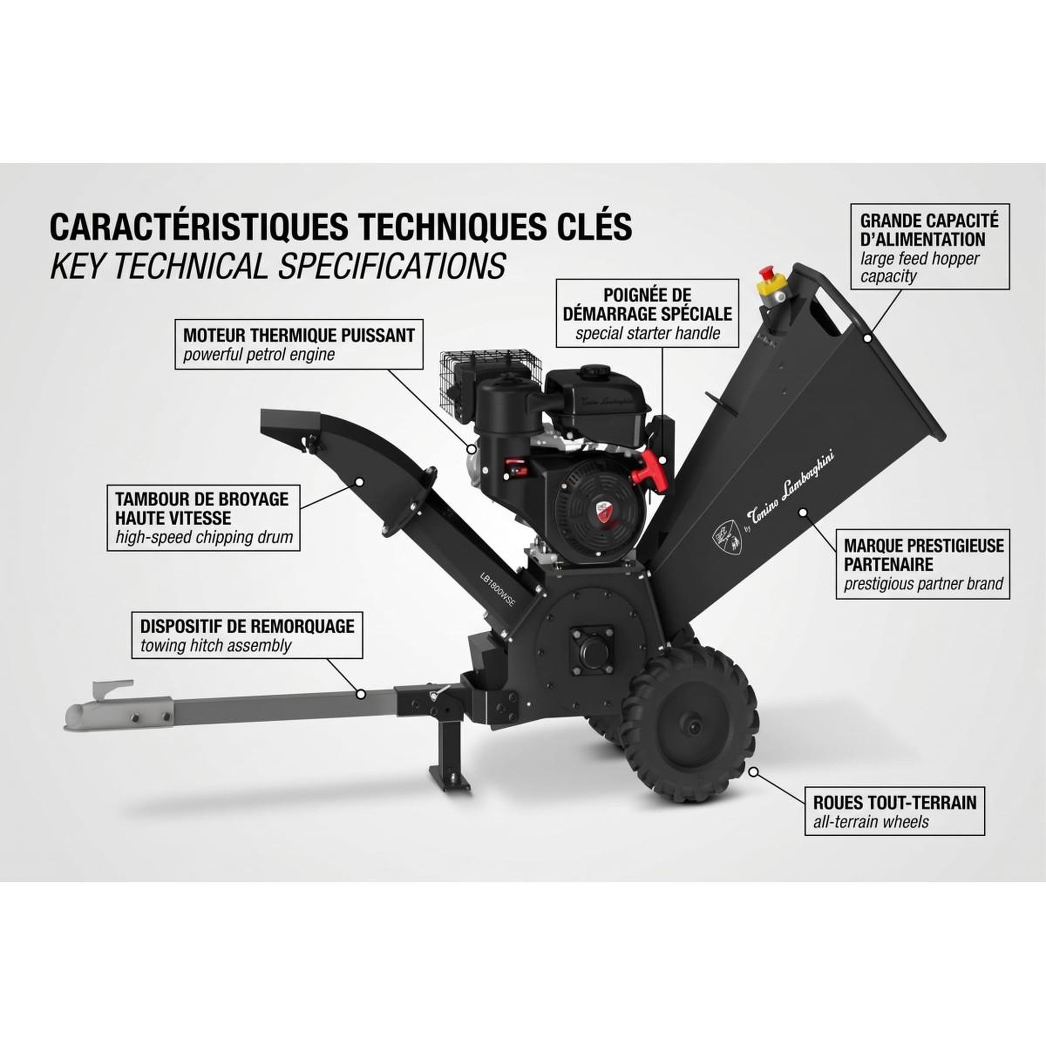 Voir la diapositive 2 : BY TONINO LAMBORGHINI GARDEN MACHINERY Broyeur de végétaux thermique 18cv 459cm³ moteur 4t coupe ø120 mm max démarrage électrique tonino lamborghini