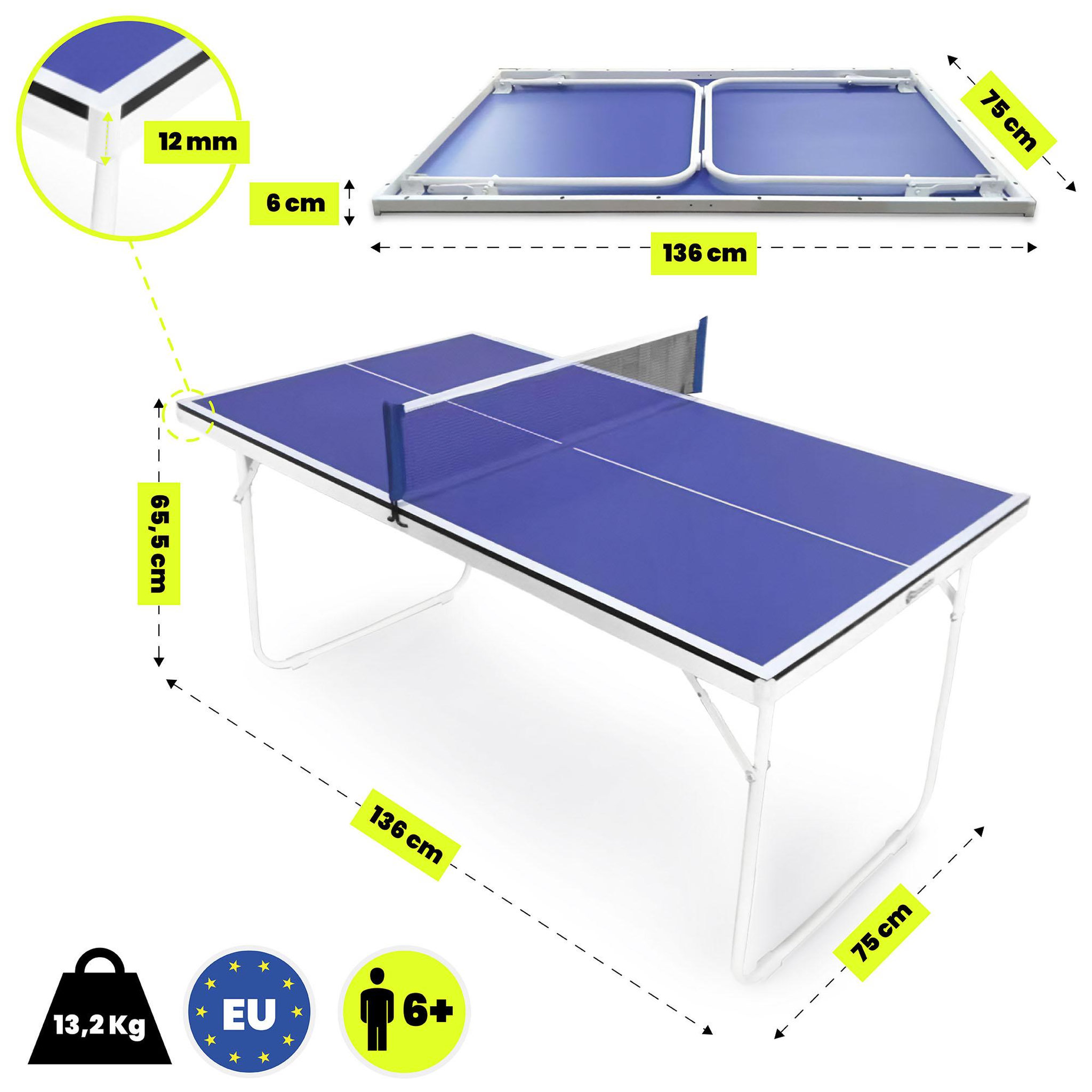 Voir la diapositive 3 : HYPERMOTION Table de ping-pong pliable HyperMotion bleue avec 2 raquettes, filet et balless-
