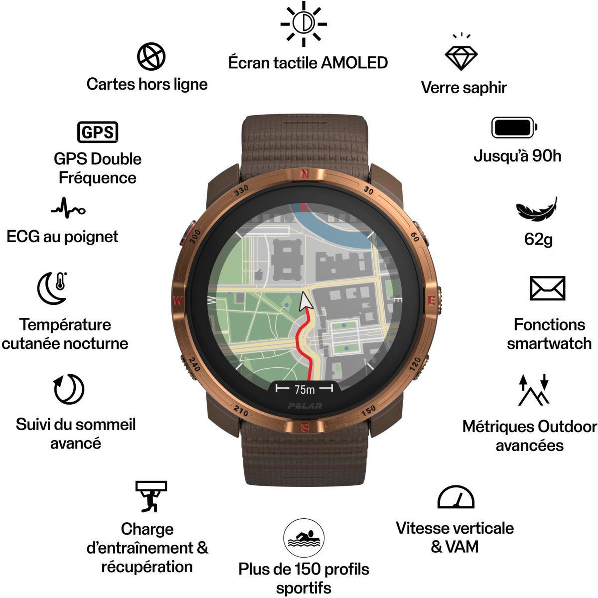 Voir la diapositive 2 : POLAR Montre sport Grit X2 Maron S-L