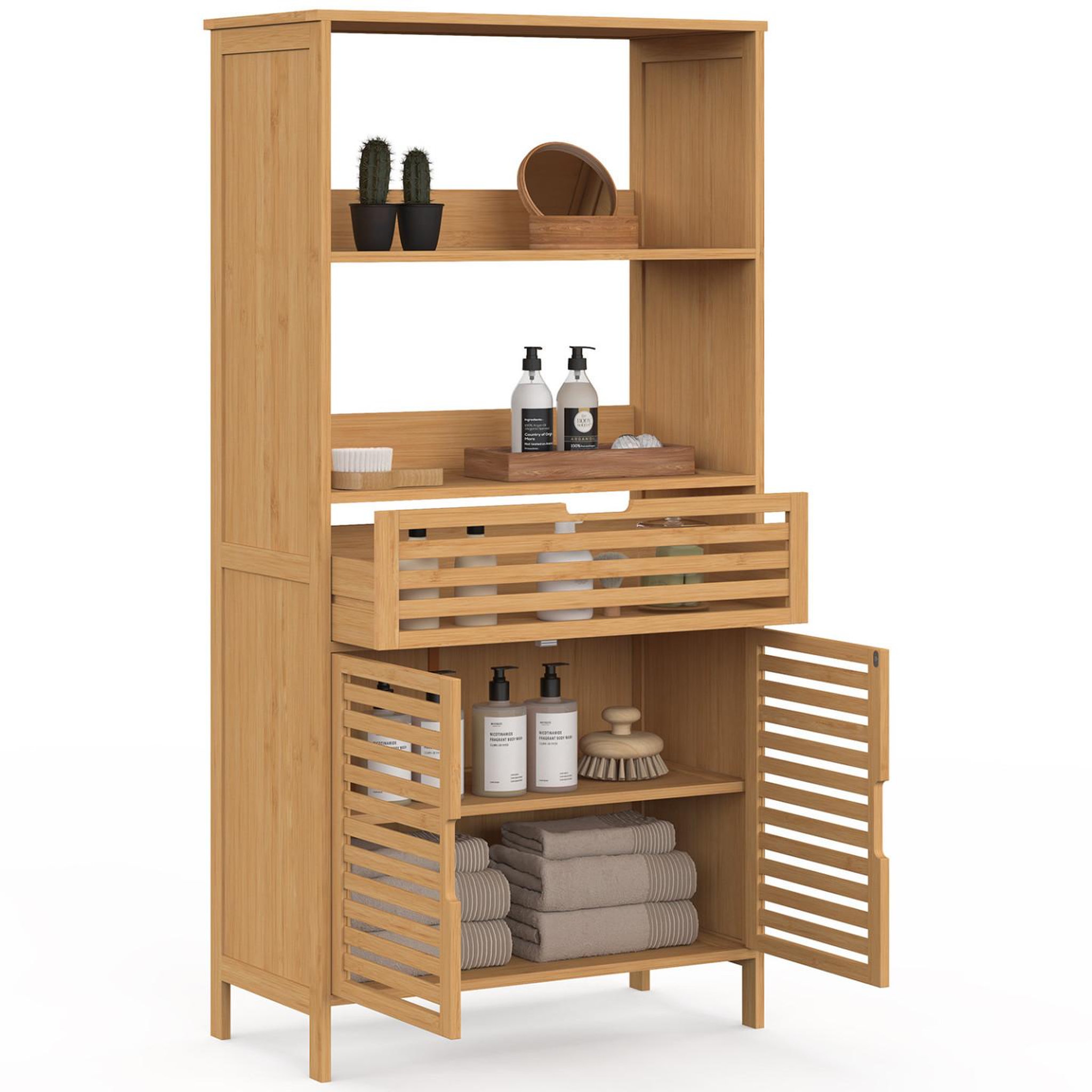 Voir la diapositive 4 : ID MARKET Meuble armoire salle de bain bambou BEA 2 portes et 1 tiroir avec étagères
