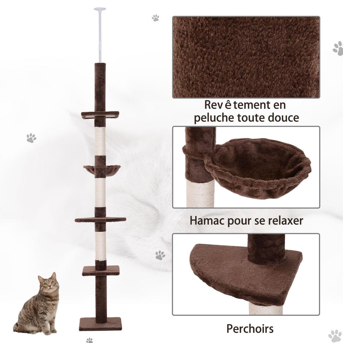 PAWHUT Arbre à chat poteau à griffer L40 x l 34 x H 230-260 cm 5 niveaux d'activités marron
