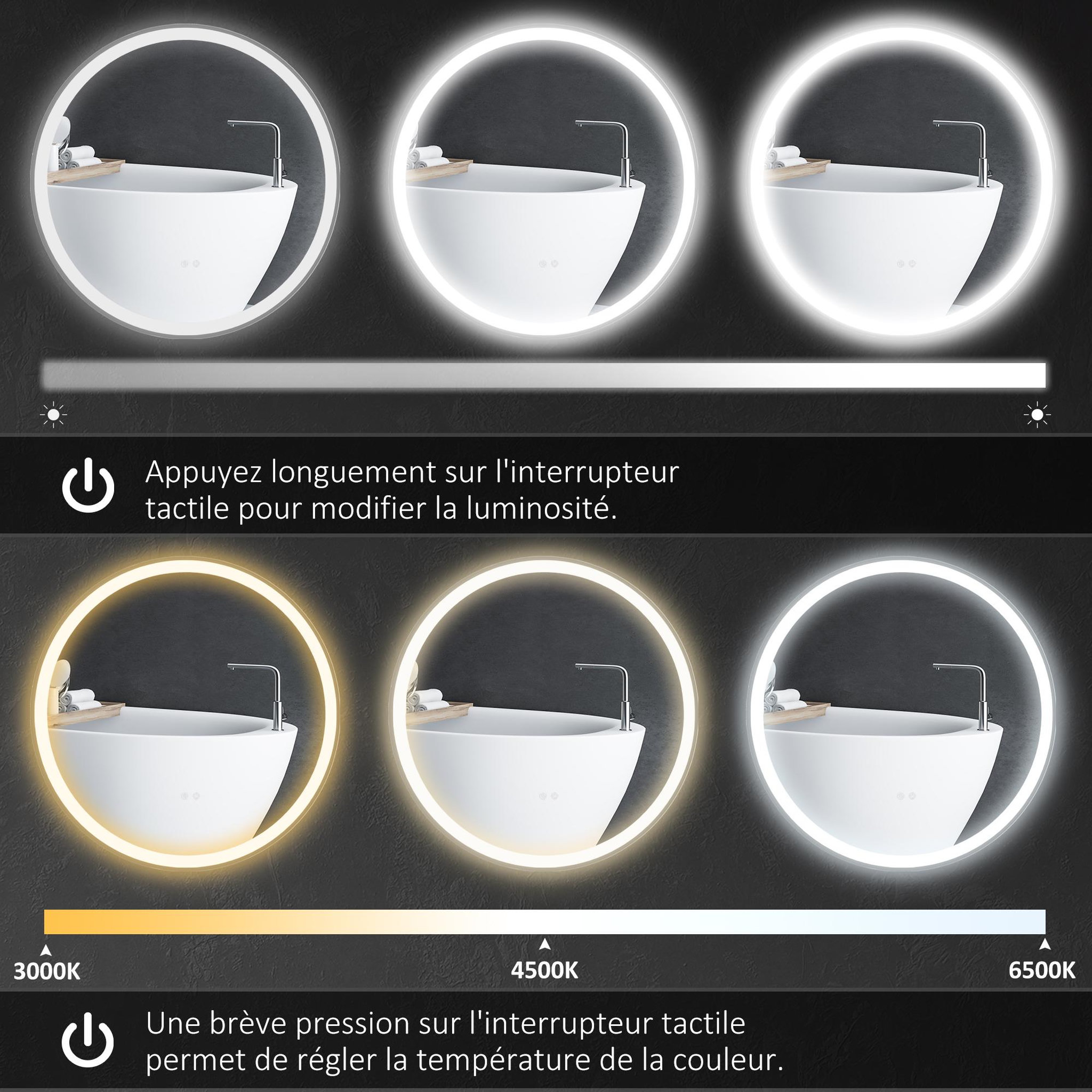 Voir la diapositive 5 : KLEANKIN Miroir rond lumineux led de salle de bain 23 w ø 70 cm tactile antibuée blanc argent
