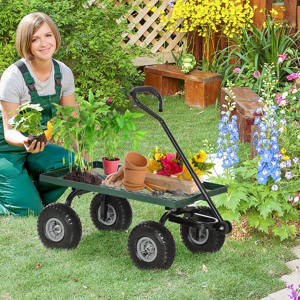 OUTSUNNY Chariot de transport jardin remorque à main charrette à bras 4 roues 94L x 48,5l x 100H cm charge max. 150 Kg métal vert