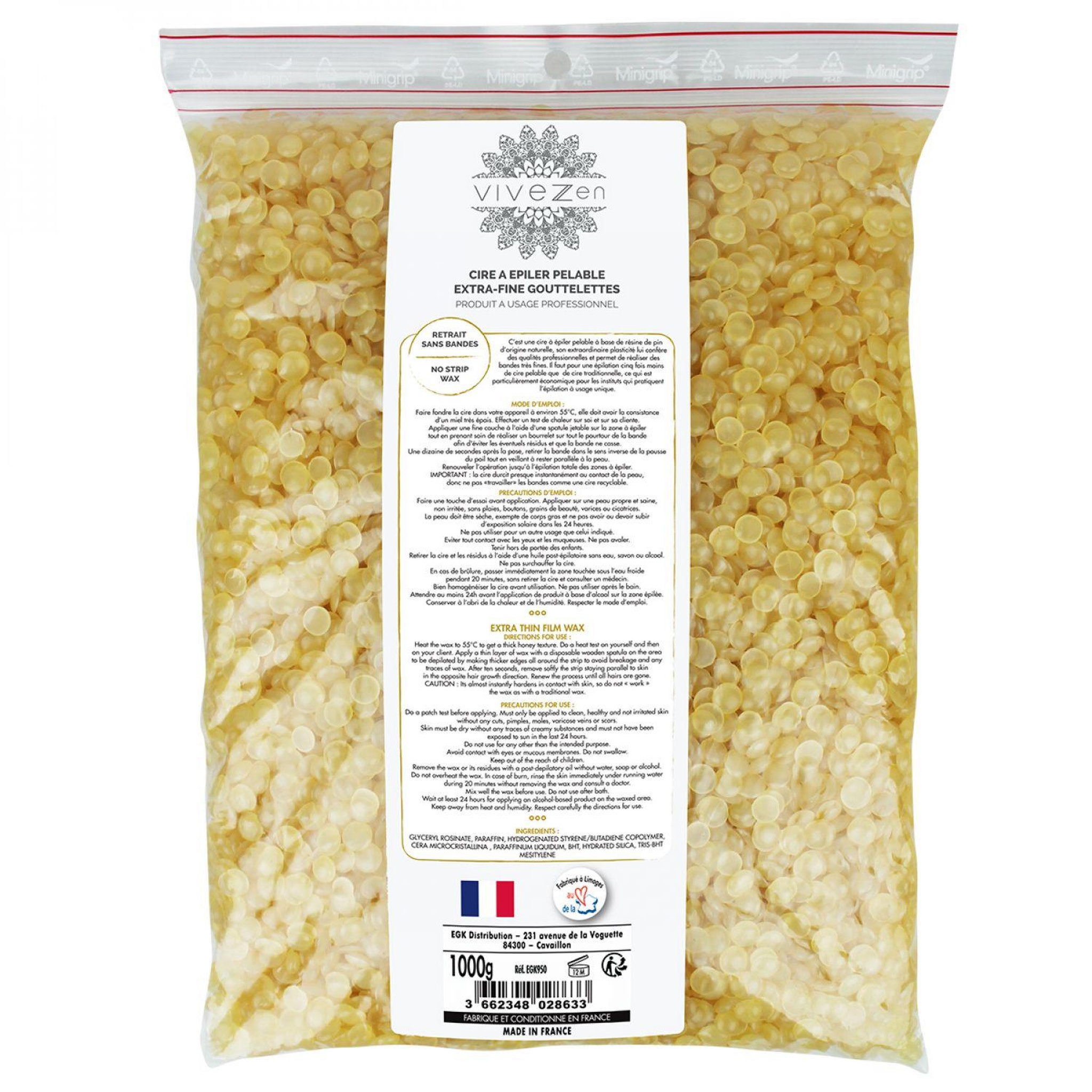 VIVEZEN Lot de 2 sachets gouttelettes, perles de cire à épiler pelable - Extra fine - 100% fait en France