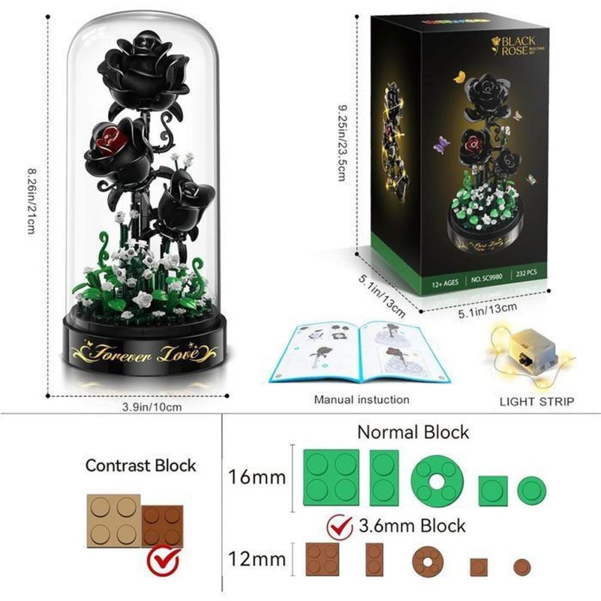 Voir la diapositive 2 : Bouquet de roses noires LED en coffret de construction, 232 mini-blocs 3,6 mm, dôme anti-poussière, pétales ajustables