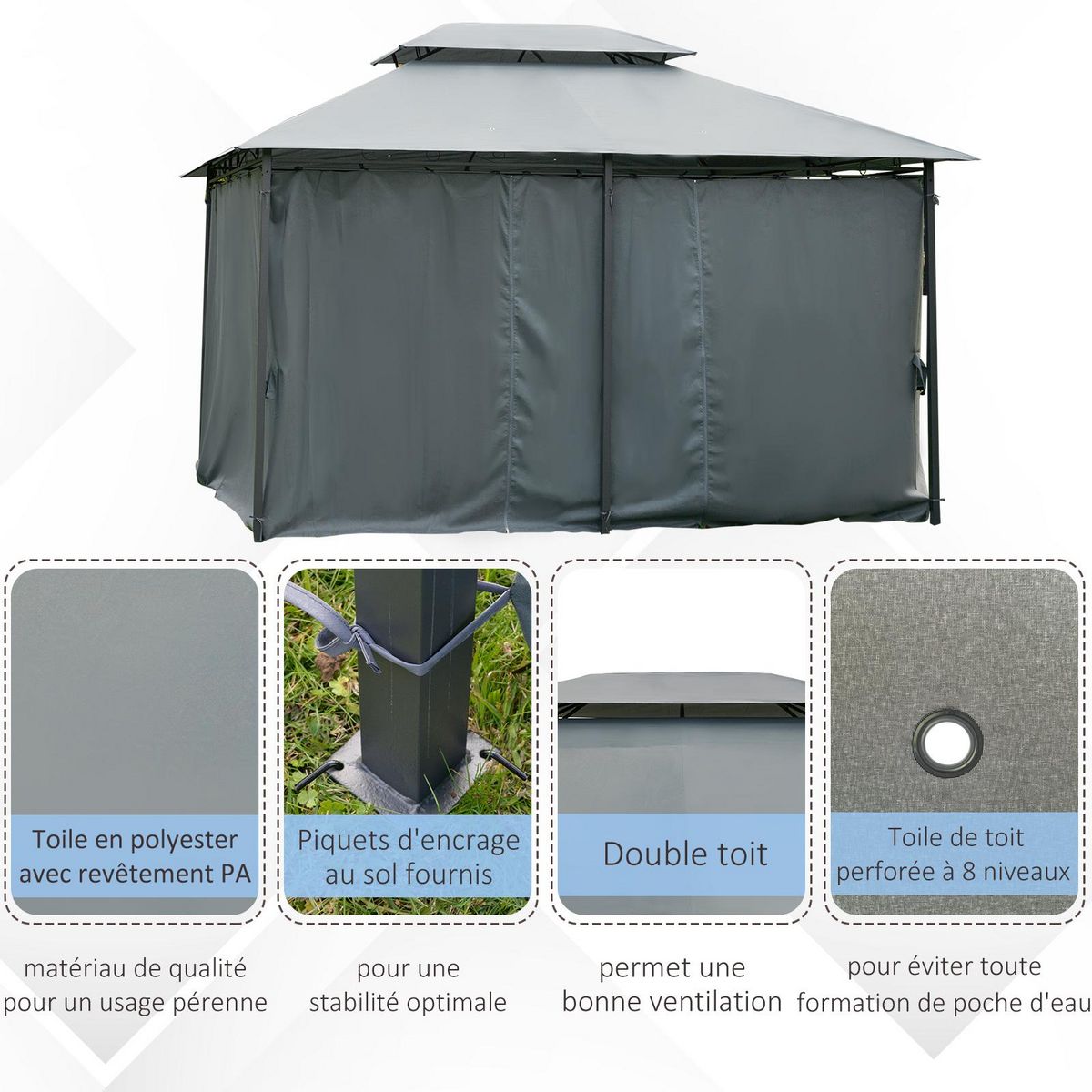 OUTSUNNY Tonnelle barnum pavillon de jardin style colonial double toit toiles latérales amovibles 3L x 4l x 2,65H m gris